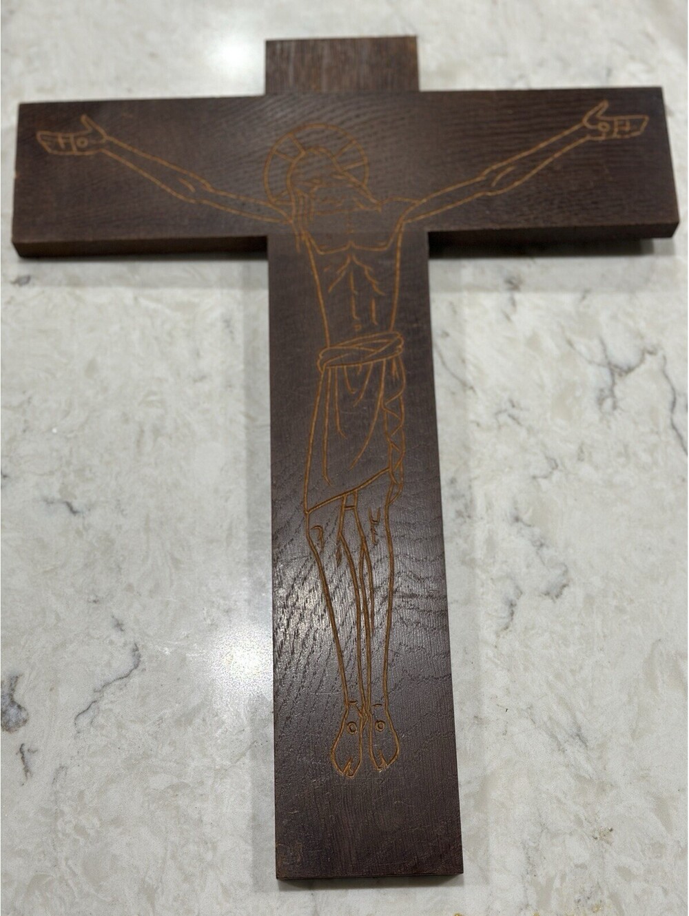 Vintage good size minimalist wood crucifix wall plaque engraving of Jesus Christ